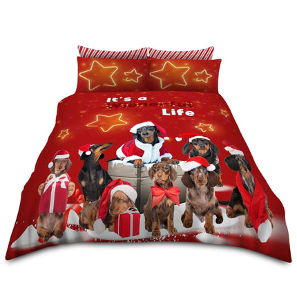 Turn your bedroom into a winter wonderland filled with wagging tails and festive charm with the "A Wienerful Life" Christmas Duvet Cover Set. This cozy and whimsical bedding set captures the spirit of the season with a delightful lineup of dachshunds dressed in holiday attire—from Santa suits to festive bows and gift boxes. With a playful pun that reads “It’s a Wienerful Life”, this set brings both holiday magic and dog-lover humor into your home.