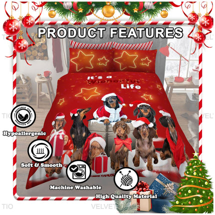 Snuggle up in festive cheer with the “A Wienerful Life” Christmas Duvet Cover Set, a must-have for dog lovers and holiday decorators alike! This vibrant, holiday-themed bedding set features an adorable group of dachshunds dressed in Santa hats, scarves, and Christmas gear, all gathered under a magical red sky sprinkled with glowing star outlines.