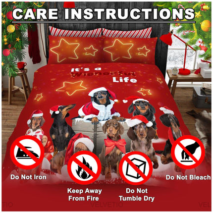 Keep your “A Wienerful Life” Christmas Duvet Cover Set looking festive and feeling cozy by following these simple care guidelines. Made with soft, high-quality microfiber, this bedding is designed for durability and comfort—but it does require gentle handling to preserve its vibrant colors and adorable dachshund print.