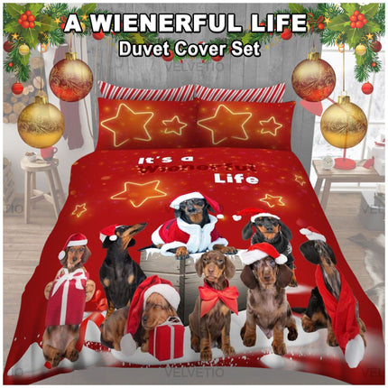 Bring joy to your holiday bedroom with the “A Wienerful Life” Duvet Cover Set, the perfect mix of cozy comfort and festive fun! This eye-catching bedding features an adorable group of dachshunds dressed in Santa hats, scarves, and gift-wrap bows, set against a bright red background sprinkled with glowing gold stars. The charming Christmas quote, "It’s a Wienerful Life," makes this set a heartwarming tribute to the holiday season—and the dogs who make it special.