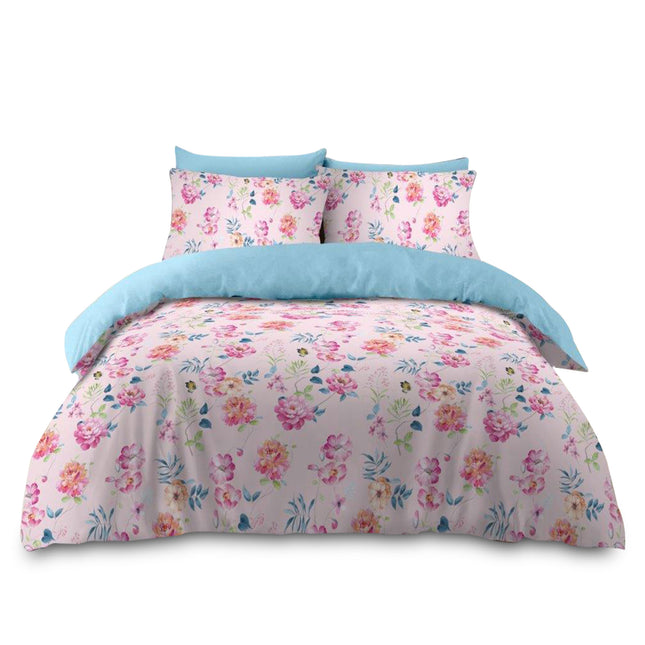 Infused with playful charm and elegance, this floral bedding set features a vibrant pink comforter and matching pillows adorned with multicolored blooms and delicate foliage, creating a lively yet soothing aesthetic. A light blue sheet peeks from beneath, offering a crisp contrast that refreshes the entire look. This design strikes a perfect balance between cheerful vibrancy and refined detail—ideal for adding a burst of personality to both everyday bedrooms and seasonal interiors.
