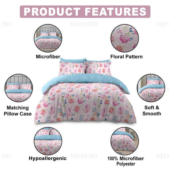the standout features of a floral-themed bedding set, blending informative design with eye-catching visuals. Centered on a bed dressed in a soft, pink comforter with matching floral pillowcases, the image emphasizes six key qualities: Microfiber, Floral Pattern, Soft & Smooth, 100% Microfiber Polyester, Hypoallergenic, and Matching Pillow Case. These feature callouts surround the product, giving viewers a quick yet comprehensive look at its appeal—perfect for those seeking stylish comfort with skin-friendly