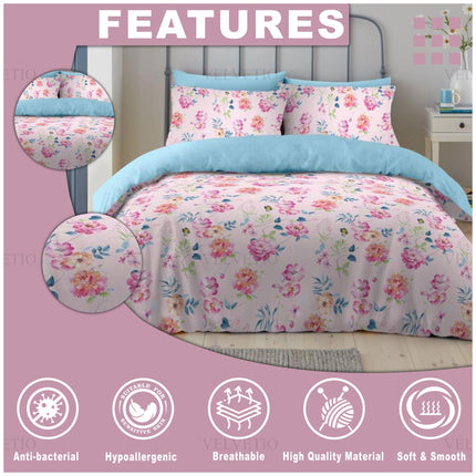 This image highlights the elegant appeal and key features of a floral bedding set designed for comfort and well-being. The bed is styled with soft pink duvet covers and floral pillowcases, accented by a folded light blue blanket that adds a subtle contrast. Above the bedding, bold text reads “FEATURES,” and below it are icons that emphasize the product’s core benefits: Anti-bacterial, Hypoallergenic, Breathable, High-Quality Material, and Soft & Smooth.