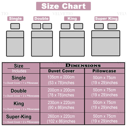 This final image presents a clear and helpful size chart for the ADA FLORAL Duvet Cover Set, wrapping up the product’s practical appeal with precision. It provides both visual diagrams and a well-organized table outlining four available sizes—Single, Double, King, and Super King. Each size includes dimensions for the duvet cover and pillowcases, making it effortless for customers to choose the right fit.