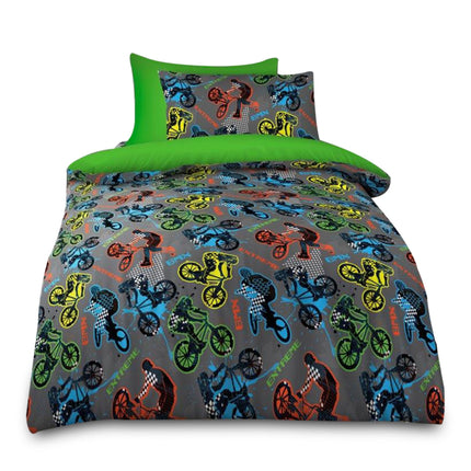 Add a burst of energy and adventure to your child's bedroom with our BMX Stunts Kids Duvet Cover Set! Perfect for young bike enthusiasts, this vibrant bedding set features bold and colorful BMX riders performing awesome stunts on a dynamic gray background. The design includes exciting graphics in red, blue, yellow, green, and black, with words like "BMX" and "EXTREME" to inspire thrill and fun.