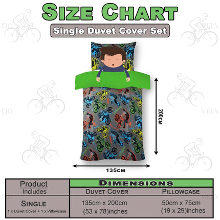 Crafted from ultra-soft and durable 100% microfiber polyester, it ensures a cozy and breathable sleep experience. The set includes 1 single duvet cover (135 x 200 cm / 53 x 78 inches) and 1 matching pillowcase (50 x 75 cm / 19 x 29 inches), making it a perfect fit for any standard single bed. With its matching pillowcase, eye-catching cycle pattern, and easy-care fabric, this bedding set adds energetic style and comfort to any young rider’s bedroom.

