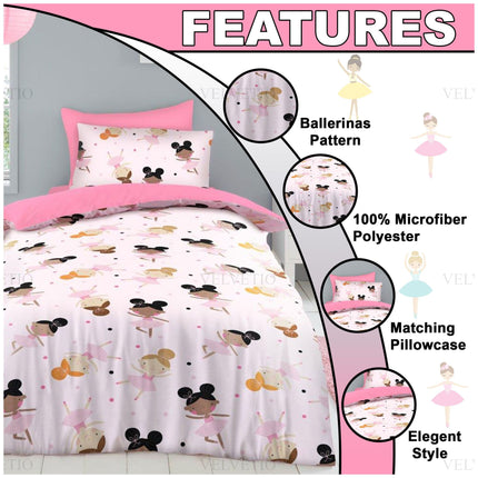 Transform your child’s bedroom into a whimsical dreamland with our Ballerinas Kids Duvet Cover Set, featuring a charming ballerina pattern in soft, playful colors. Crafted from 100% microfiber polyester, this set is ultra-soft, lightweight, and durable—perfect for everyday comfort. It includes a matching pillowcase for a cohesive, polished look and adds a touch of elegant style to any little dancer’s space. Designed for both comfort and flair, this set is a delightful blend of fun design and cozy functional
