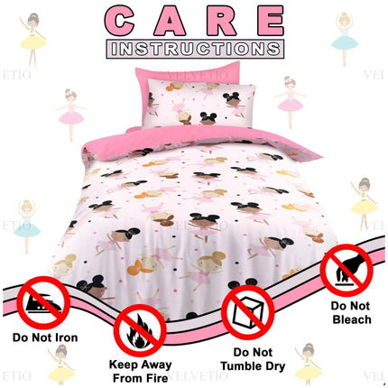 Delight your little dancer with our Ballerinas Kids Duvet Cover Set, designed with a playful ballerina print and soft pink tones to add charm and comfort to any child’s room. Made from 100% microfiber polyester, this lightweight and breathable set includes a matching pillowcase and offers a cozy, smooth feel that’s gentle on sensitive skin. It's easy to maintain—simply machine wash with care. For best results, do not iron, bleach, or tumble dry, and always keep away from fire