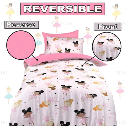 Delight your little one with our Ballerinas Kids Duvet Cover Set, featuring a playful ballerina print on the front and a soft solid pink reverse for two charming looks in one. Made from 100% microfiber polyester, this reversible set is lightweight, breathable, and gentle on sensitive skin—perfect for year-round comfort. It includes a matching pillowcase and offers a cozy, smooth feel your child will love. Easy to maintain with machine washing, just remember: do not iron, bleach, or tumble dry,
