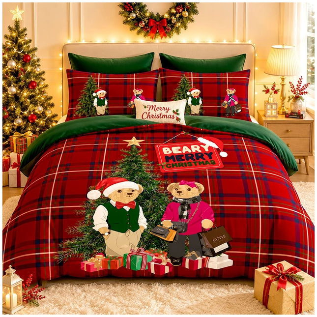 Soft Microfibre Xmas Beary Merry Christmas Bedding Set with Festive Printed Duvet Cover and Pillowcases