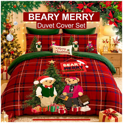 Soft and Cosy Microfibre Beary Merry Christmas Duvet Bedding Set for Festive Bedroom Decoration