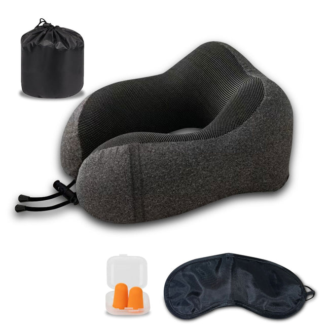 Included in the set is a gray neck pillow with a black mesh inner lining, providing support for the neck. The pillow features adjustable straps, ensuring a secure and customized fit. Accompanying the pillow is a black drawstring bag for easy storage, a pair of orange earplugs in a transparent case to block out noise, and a black sleep mask for relaxation. These items work together to enhance comfort while traveling.