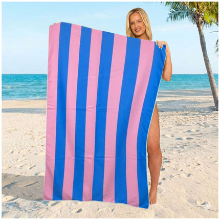 Ocean blue large beach towel featuring elegant stripes, breathable microfiber material, and a comfortable quick-drying finish.