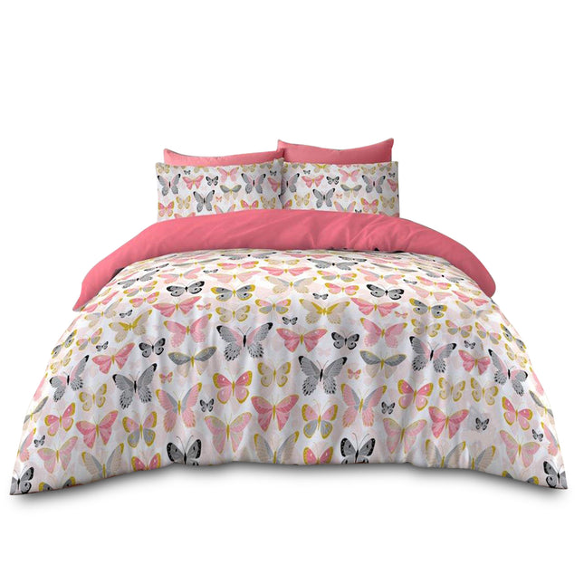 This butterfly-themed bedding set enchants with its gentle charm and uplifting design, ideal for brightening any bedroom. Scattered butterflies in pink, yellow, and gray flutter across a crisp white background, creating a light, airy atmosphere that feels both serene and playful. A solid pink band frames the comforter with a cheerful splash of color, while the matching pillowcases echo the theme with coordinated grace. Perfect for children’s rooms, guest spaces,