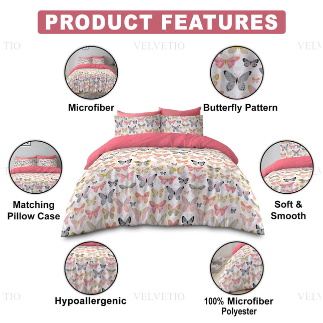 This image highlights the core features of the butterfly-themed bedding set, elegantly reinforcing its appeal with a clean and engaging layout. At the center, the comforter and matching pillowcases burst with butterfly patterns in soft hues, echoing nature’s delicate beauty. Surrounding the set are six circular badges that spotlight its key qualities: Microfiber, Butterfly Pattern, Soft & Smooth, 100% Microfiber Polyester, Hypoallergenic, and Matching Pillow Case. With “PRODUCT FEATURES”