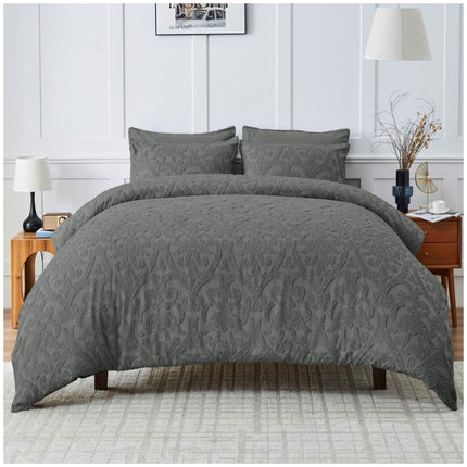 Charcoal seersucker duvet cover set with a refined damask design and a bold, contemporary style.