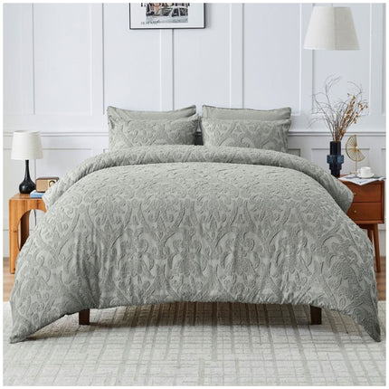 Grey damask bedding set featuring textured seersucker detailing and a sophisticated modern appearance.
