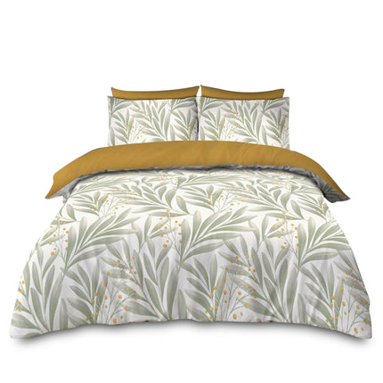 This nature-inspired bedding set beautifully captures the calm and freshness of the outdoors, with its crisp white base blossoming with delicate green leaves and dainty yellow florals. The standout feature is the mustard yellow top panel on the comforter and the reverse side of the pillowcases, adding a rich, warm contrast that enhances the botanical theme. This color pairing not only softens the overall look but infuses the space with a cozy, 