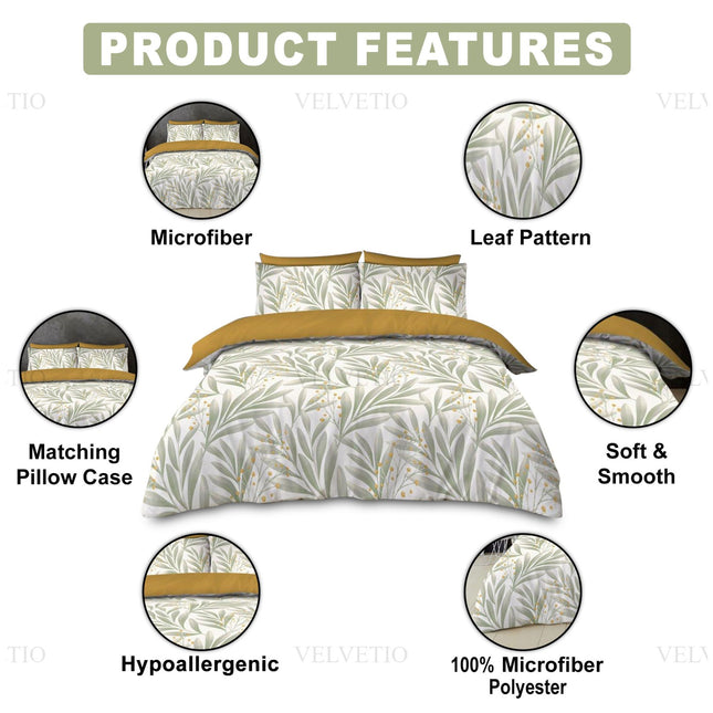 This image highlights the key features of the leaf-patterned bedding set with a visually engaging layout. Centered around a soft, white comforter adorned with subtle green foliage and accented by mustard yellow panels, the set is surrounded by six feature badges: Microfiber, Leaf Pattern, Soft & Smooth, 100% Microfiber Polyester, Hypoallergenic, and Matching Pillow Case. The clean, well-organized design clearly communicates the blend of comfort, quality,