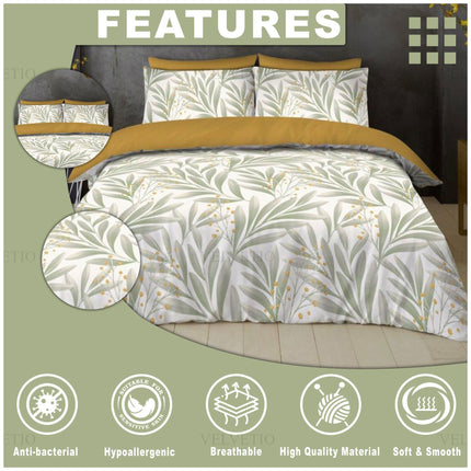 This feature spotlight reinforces the natural elegance of the leaf-patterned bedding set with a clean, informative layout. Displayed against a muted green background, the comforter and pillowcases are adorned with soft green foliage and tiny yellow blossoms, all accented by a bold mustard yellow band at the top. Circular close-ups emphasize the botanical details, while clearly illustrated icons highlight five key benefits: Anti-bacterial, Hypoallergenic, Breathable, High Quality Material, and Soft & Smooth.