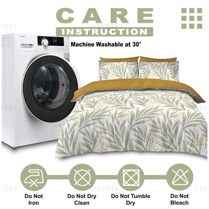 This final visual completes the leaf-patterned bedding set presentation with a stylish and practical care guide. It features the comforter and pillowcases beside a front-load washing machine, reinforcing the ease of machine washing at 30°. Under the bold "CARE INSTRUCTION" header, four clear icons communicate maintenance tips: Do Not Iron, Do Not Dry Clean, Do Not Tumble Dry, and Do Not Bleach.