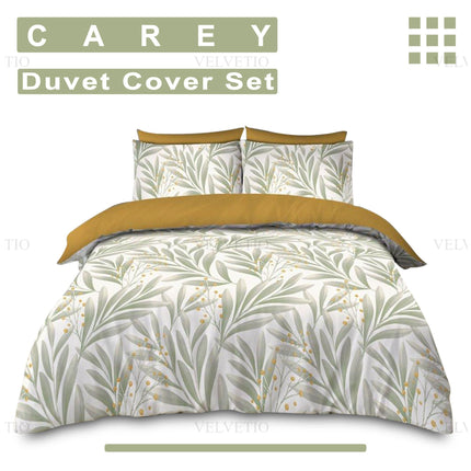 The CAREY Duvet Cover Set by Velvetio brings botanical tranquility into any bedroom with its elegant design and thoughtful craftsmanship. A crisp white background blooms with soft green leaves and petite yellow florals, while the reverse side and top border introduce a bold mustard yellow for warmth and contrast. Accompanied by matching pillowcases, the set radiates calm, natural beauty with a modern twist—perfect for those who appreciate soothing colors and nature-inspired patterns.
