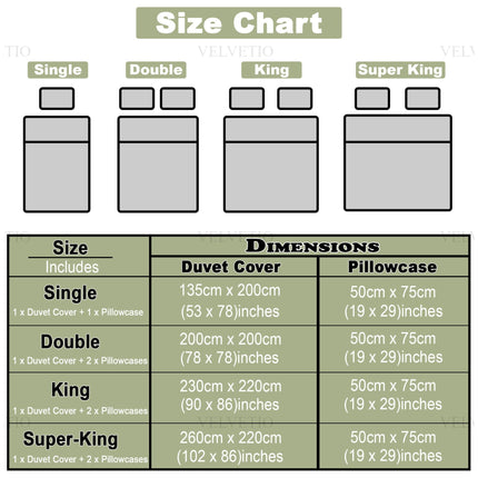 This image elegantly rounds out the CAREY Duvet Cover Set presentation with a structured size chart, offering both visual guides and measurements in centimeters and inches. It outlines four standard options—Single, Double, King, and Super King—detailing the quantity and size of the duvet cover and pillowcases included in each set. For instance, the Single includes one duvet cover (135 x 200 cm) and one pillowcase (50 x 75 cm), while the larger sizes come with two pillowcases.