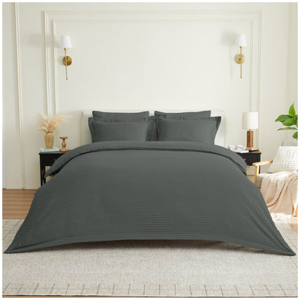 Rich charcoal Oxford duvet cover set with textured stripe accents, offering a modern and sophisticated look.