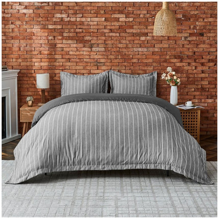 Contemporary charcoal duvet cover set showcasing subtle textured stripes and a sophisticated, minimalist design.