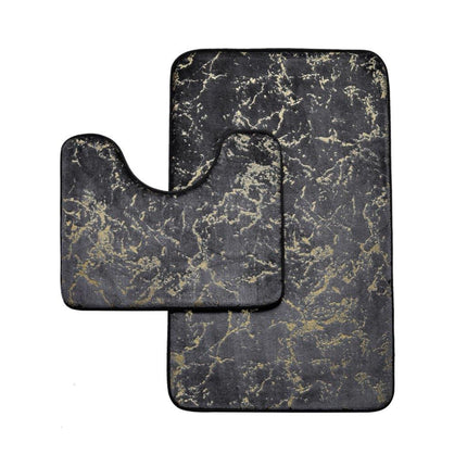 This set of bathroom rugs has a luxurious touch with its black background and striking gold marble-like patterns. The rectangular rug offers a bold foundation, while the U-shaped rug is designed for practicality, fitting neatly around the base of a toilet. The deep contrast between black and gold creates a high-end aesthetic ideal for a sleek, sophisticated bathroom update.