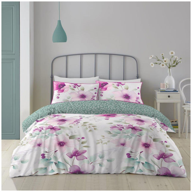 This 2 piece complete duvet cover set features a delicate pink and Purple floral pattern, adding a soft and refreshing touch to the bedroom. The set includes a duvet cover and a matching pillowcase, creating a coordinated and elegant look. The floral design consists of lush pink flowers with green leaves, offering a natural and calming aesthetic