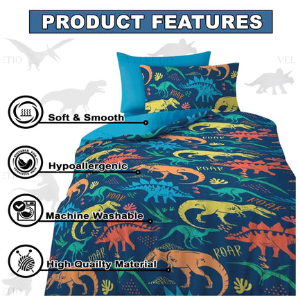 The Dino Roar Boy Duvet Cover Set is crafted from soft, smooth, and high-quality microfiber polyester, providing a cozy and comfortable sleep experience for kids. Designed to be hypoallergenic, it is gentle on sensitive skin, ensuring safety and comfort throughout the night. This vibrant and playful bedding set features colorful dinosaur patterns that spark imagination and add a fun touch to any bedroom. Additionally, it is machine washable, making it easy to care for and maintain, 
