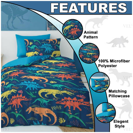 The Dino Roar Boy Duvet Cover Set features a vibrant animal pattern showcasing colorful dinosaurs that ignite a child's imagination and bring a playful touch to any bedroom. Made from 100% microfiber polyester, this set offers exceptional softness, durability, and comfort for a restful night's sleep. It includes a matching pillowcase, perfectly complementing the duvet cover for a coordinated look.