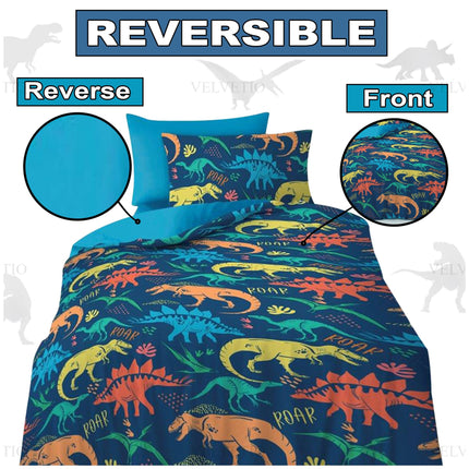 The Dino Roar Boy Duvet Cover Set features a reversible design, offering versatility and style for your child’s bedroom. The front side showcases a vibrant and playful dinosaur pattern with colorful roars and prehistoric creatures on a dark blue background, perfect for sparking imagination and fun. The reverse side presents a solid, soothing blue color that complements the lively front, providing a calm and simple look when desired. This reversible feature allows for easy style changes.
