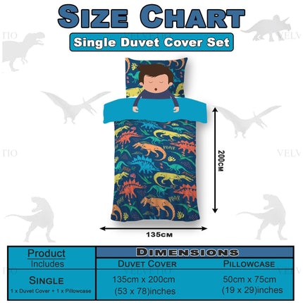The Dino Roar Boy Duvet Cover Set in a single size includes one duvet cover and one matching pillowcase, designed to fit beds measuring 135 cm by 200 cm (53 by 78 inches). The pillowcase measures 50 cm by 75 cm (19 by 29 inches), perfectly complementing the duvet cover. This size chart provides clear dimensions to ensure a proper fit, making it an ideal choice for kids’ beds, combining fun dinosaur prints with practical sizing for a comfortable and playful sleeping environment.