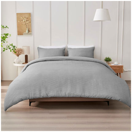 Grey seersucker duvet cover set designed with subtle texture and a sophisticated minimalist look.