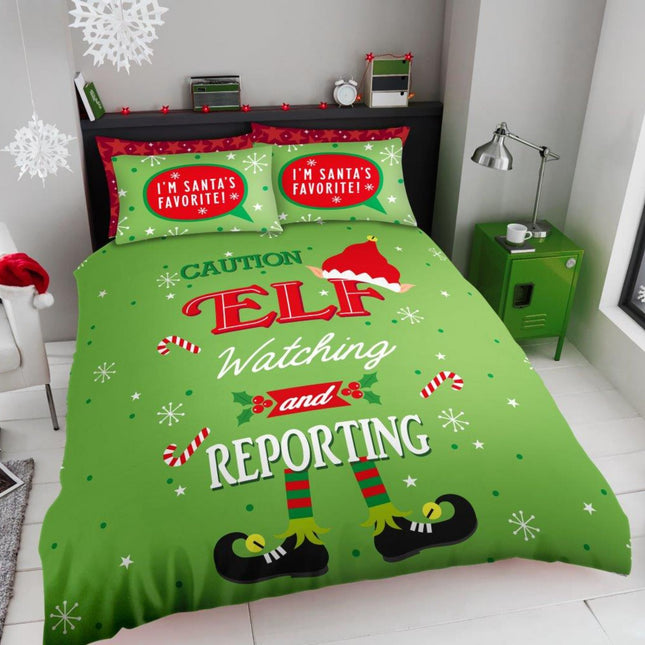 Bring the magic of Christmas into your home with this Elf on the Shelf Duvet Cover Set, perfect for adding festive fun to any bedroom. The playful design features the bold message: “Caution: Elf Watching and Reporting”, surrounded by snowflakes, candy canes, and cheeky elf legs – a joyful reminder that Santa's helper is keeping an eye out!