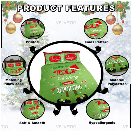 Bring festive fun to your bedroom with this Elf on the Shelf Christmas Duvet Cover Set, featuring a bold and playful design that reads “Caution: ELF Watching and Reporting”, surrounded by candy canes, snowflakes, and elf legs. Made from soft, breathable polycotton, this set is hypoallergenic, smooth to the touch, and perfect for cozy winter nights. The set includes matching pillowcases with the cheerful message “I’m Santa’s Favorite!”, 