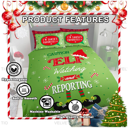 Transform your bedroom into a holiday wonderland with this Elf on the Shelf Christmas Duvet Cover Set, featuring a fun and colorful design that reads “Caution: ELF Watching and Reporting”, complete with candy canes, snowflakes, and elf legs. Made from high-quality polycotton, this bedding set is soft & smooth, hypoallergenic, and machine washable—perfect for cozy winter nights.