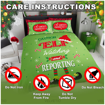 Keep your festive Elf on the Shelf duvet cover set looking its best by following these simple care instructions: do not iron to preserve the vibrant print, keep away from fire for safety, avoid tumble drying to maintain fabric quality, and do not bleach to prevent color fading. Proper care will ensure your bedding stays soft, smooth, and bright throughout the holiday season and beyond.
