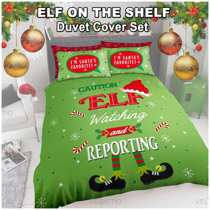 Add a touch of holiday magic to your bedroom with this Elf on the Shelf Duvet Cover Set, featuring a fun and festive design that reads “Caution: ELF Watching and Reporting”, surrounded by candy canes, snowflakes, and playful elf legs. Made from soft polycotton material, this set is both comfortable and durable, perfect for cozy winter nights. The set includes matching pillowcases that say “I’m Santa’s Favorite!”, making it an ideal choice for kids' rooms, guest beds, or anyone who loves Christmas cheer.



