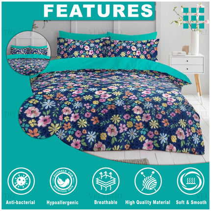 This bedding set is a delightful fusion of elegance and comfort, adorned with a vivid floral pattern that bursts to life against a deep, midnight-blue backdrop. The turquoise border gracefully frames the design, echoing a touch of seaside tranquility. Highlighting key features like breathability, softness, and hypoallergenic qualities, it’s not just visually captivating but also crafted for practical comfort. Whether you’re styling a guest room or refreshing your own sanctuary,
