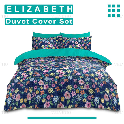 The "ELIZABETH" duvet cover set by VELVETIO exudes botanical elegance, showcasing a symphony of lush florals in vivid shades of pink, yellow, orange, and white, all blooming against a deep navy backdrop. A bold turquoise panel crowns the design at the top of both the duvet cover and matching pillowcases, injecting a cool, contemporary contrast. This eye-catching ensemble doesn’t just elevate bedroom décor—it celebrates it,