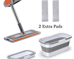 Flat Squeeze Mop With 360 Degree Rotating Head And Folding Bucket Including Three Reusable Microfiber Pads For Floor Cleaning