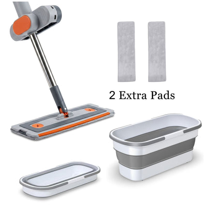 Flat Squeeze Mop With 360 Degree Rotating Head And Folding Bucket Including Three Reusable Microfiber Pads For Floor Cleaning
