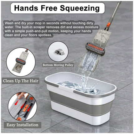 Premium Flat Mop With 360 Degree Swivel Head, Folding Bucket, And Reusable Microfiber Pads For Hard Floor Cleaning