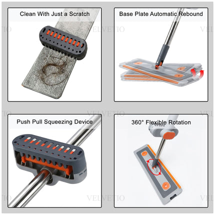 Hands Free Flat Mop And Folding Bucket Cleaning System With Three Reusable Microfiber Pads For Multiple Hard Floor Surfaces