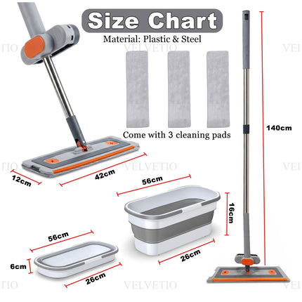Lightweight Flat Squeeze Mop Featuring A 360 Degree Rotating Head And Compact Folding Bucket For Convenient Storage
