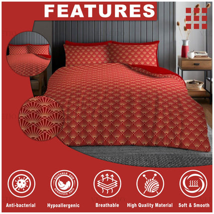 This bedding set brings together traditional flair and modern comfort with its striking red backdrop adorned by repeating fan-like gold motifs. Crafted from soft, breathable material, it offers a cozy yet refined sleep experience, enhanced by features like hypoallergenic and anti-bacterial properties. The setting—complete with a wooden nightstand, dried florals, and a deep gray paneled wall—adds a serene, curated aesthetic that complements the richness of the fabric. 