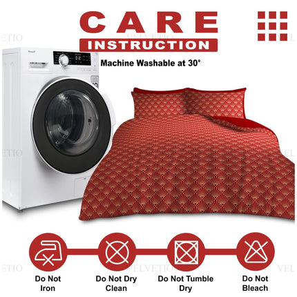 This visual effectively communicates essential care guidelines for a luxurious red bedding set, pairing clarity with convenience. The upper portion emphasizes that the item is machine washable at 30°, while the lower icons guide against ironing, dry cleaning, tumble drying, and bleaching—making it easy for users to preserve the quality and vibrancy of the fabric. With the backdrop of a stylishly coordinated bedroom and a washing machine in view, the image blends product education with lifestyle aesthetics, 
